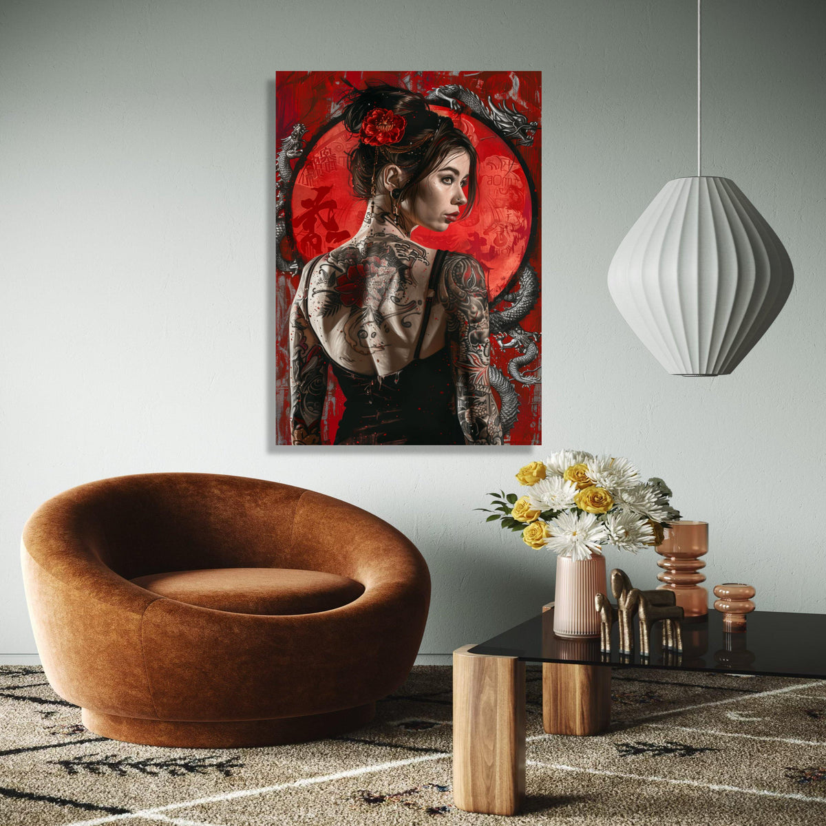 Tattooed Woman with Red Rose Hairpiece, Dragon and Asian Symbols Canvas Wall Art, Modern Japanese Style, Bold Gift Art, Home Decor, Print