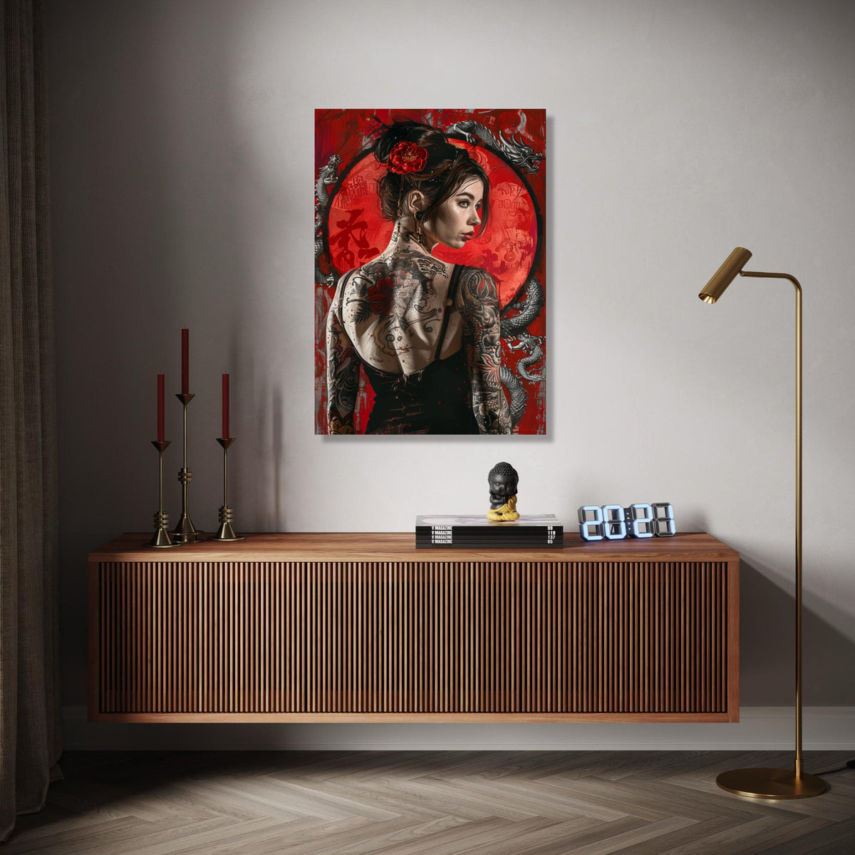 Tattooed Woman with Red Rose Hairpiece, Dragon and Asian Symbols Canvas Wall Art, Modern Japanese Style, Bold Gift Art, Home Decor, Print