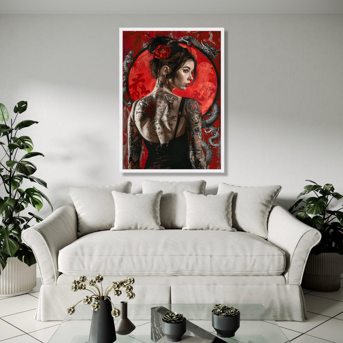 Tattooed Woman with Red Rose Hairpiece, Dragon and Asian Symbols Canvas Wall Art, Modern Japanese Style, Bold Gift Art, Home Decor, Print
