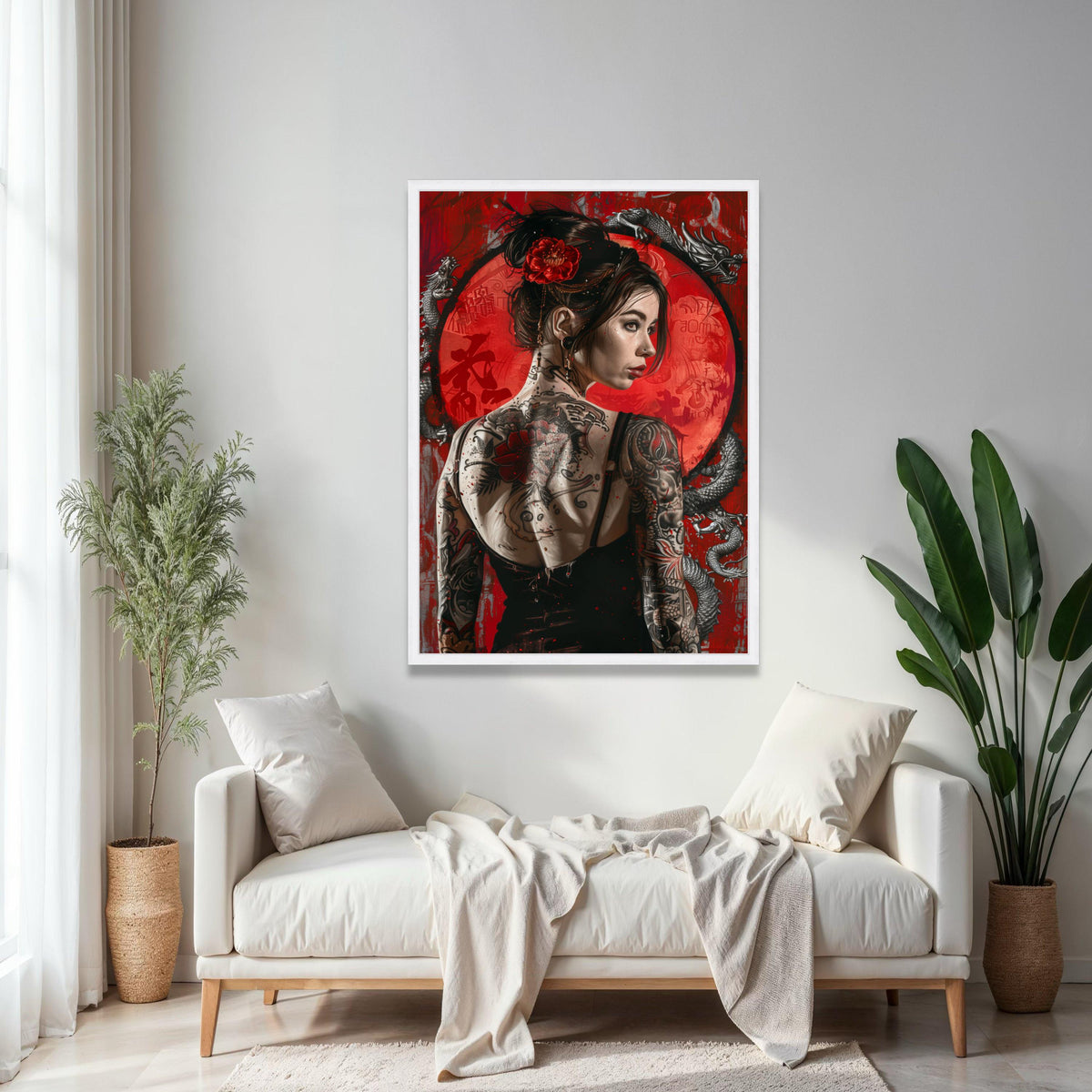 Tattooed Woman with Red Rose Hairpiece, Dragon and Asian Symbols Canvas Wall Art, Modern Japanese Style, Bold Gift Art, Home Decor, Print