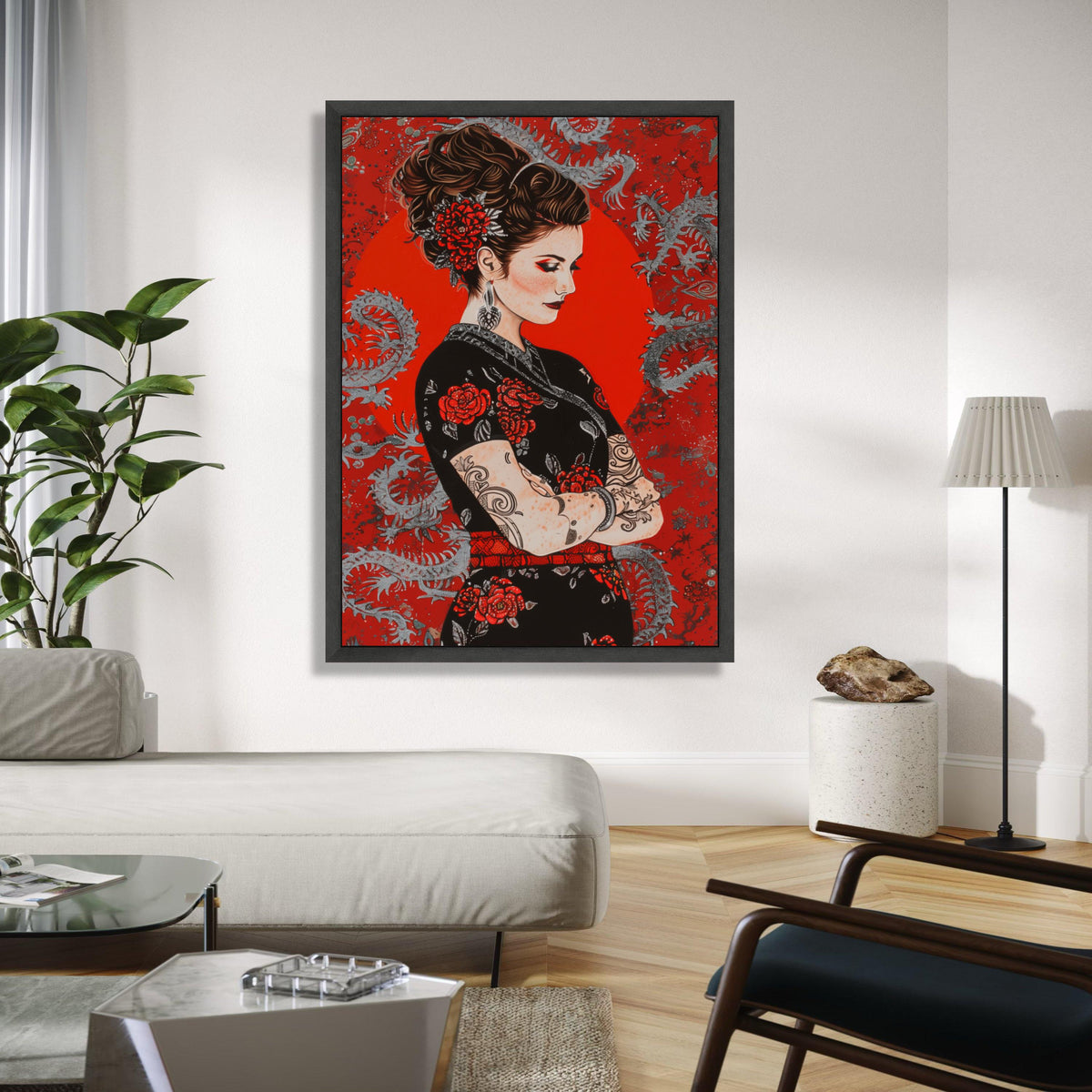 Elegant Tattooed Woman Canvas, Red Floral Dress Wall Art, Asian Dragon Background, Modern Portrait Canvas, Home Gift Art, Home Decor, Print