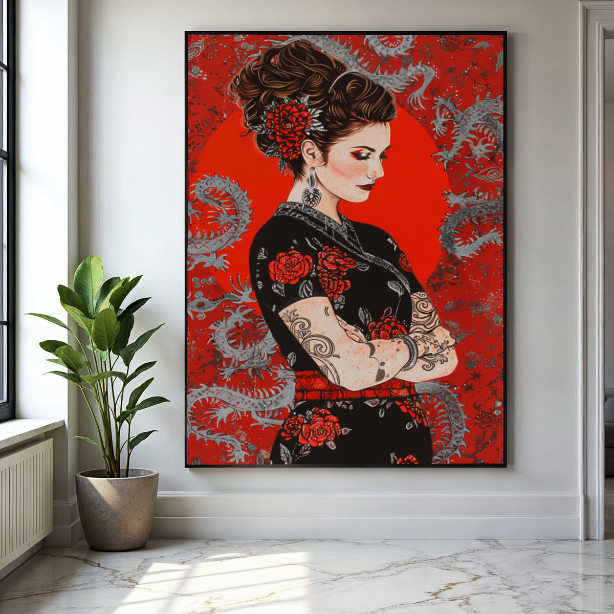 Elegant Tattooed Woman Canvas, Red Floral Dress Wall Art, Asian Dragon Background, Modern Portrait Canvas, Home Gift Art, Home Decor, Print