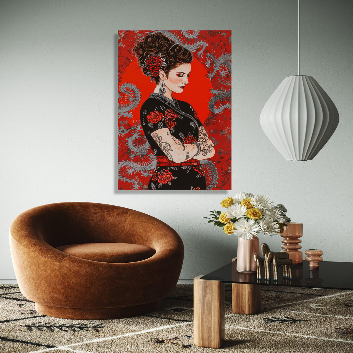 Elegant Tattooed Woman Canvas, Red Floral Dress Wall Art, Asian Dragon Background, Modern Portrait Canvas, Home Gift Art, Home Decor, Print
