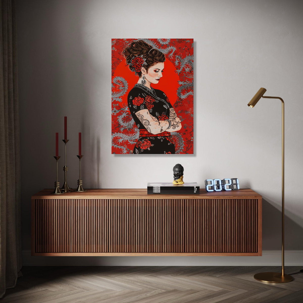 Elegant Tattooed Woman Canvas, Red Floral Dress Wall Art, Asian Dragon Background, Modern Portrait Canvas, Home Gift Art, Home Decor, Print