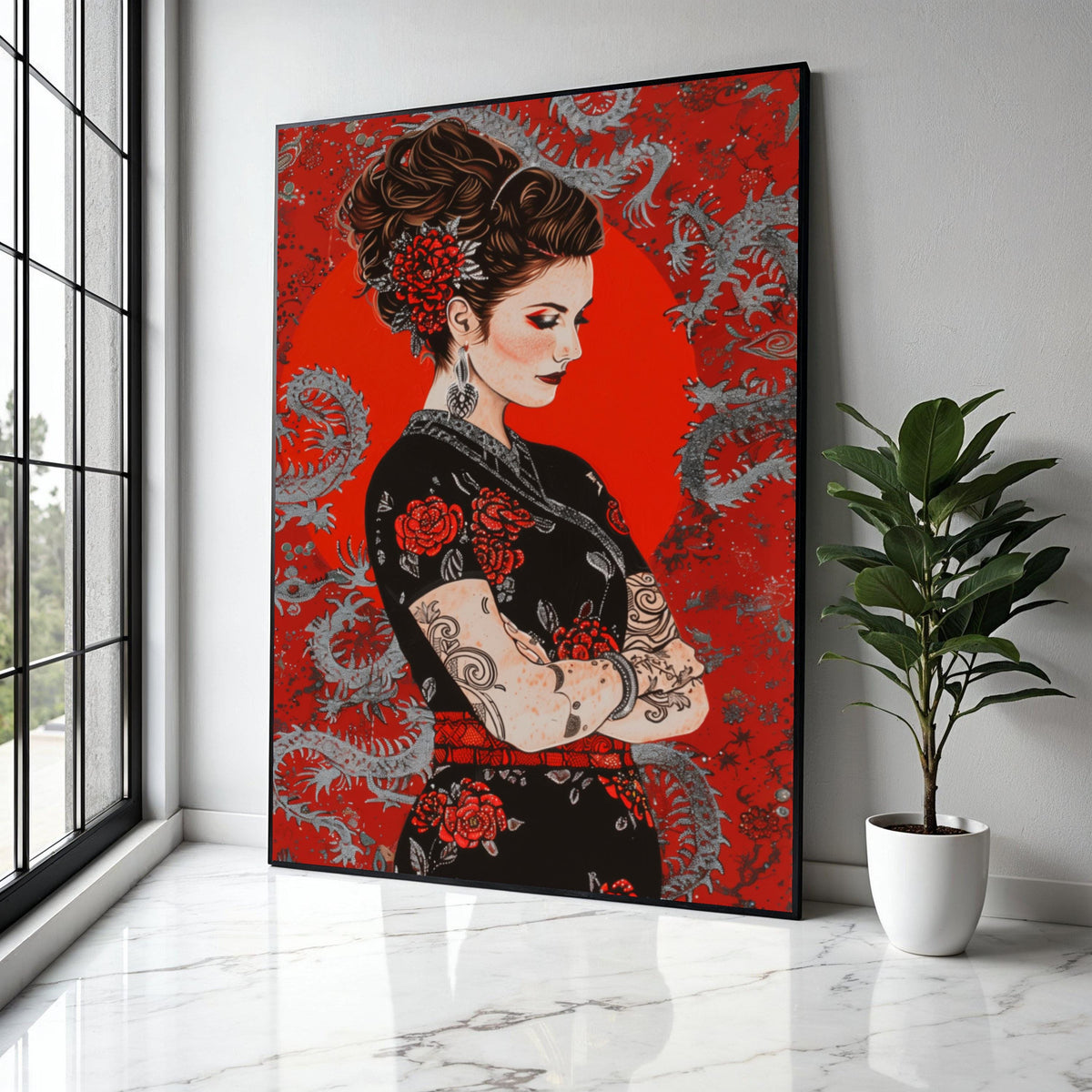 Elegant Tattooed Woman Canvas, Red Floral Dress Wall Art, Asian Dragon Background, Modern Portrait Canvas, Home Gift Art, Home Decor, Print