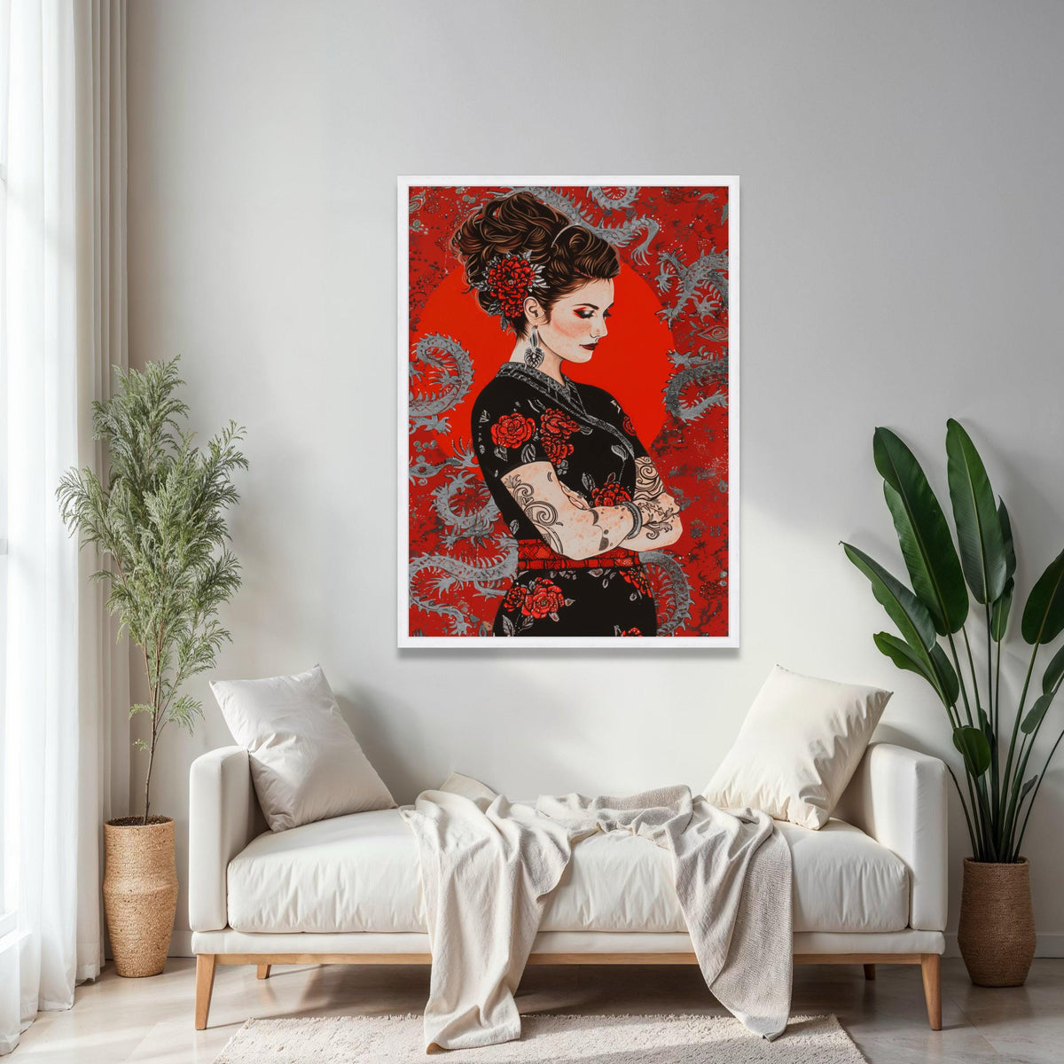 Elegant Tattooed Woman Canvas, Red Floral Dress Wall Art, Asian Dragon Background, Modern Portrait Canvas, Home Gift Art, Home Decor, Print