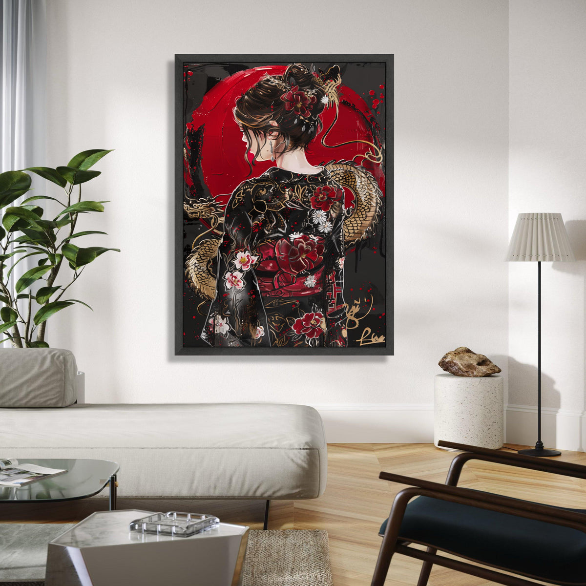 Elegant Geisha Portrait Canvas, Japanese Dragon and Floral Kimono Art, Red and Black Asian Wall Decor, Modern Gift Art, Home Decor, Print