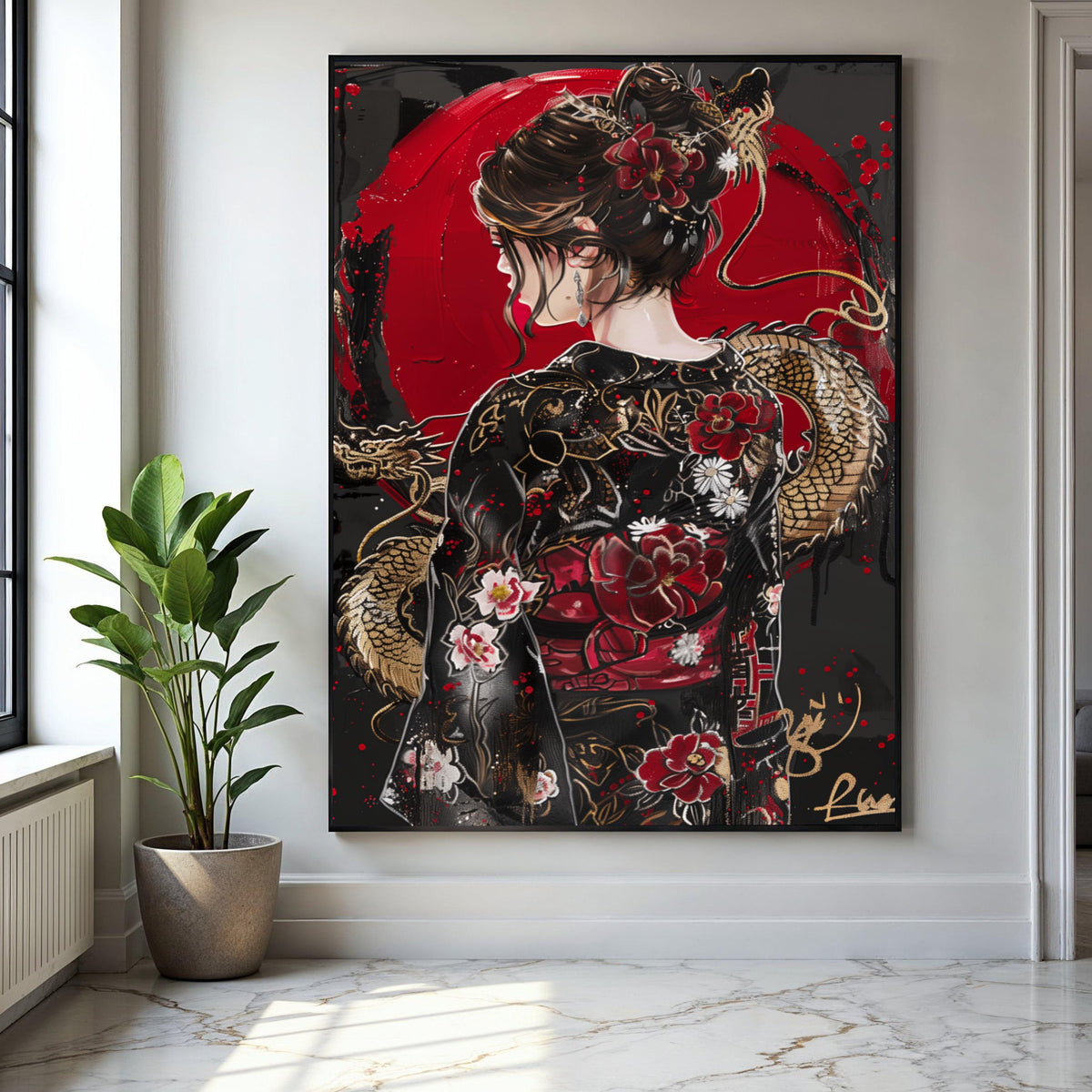 Elegant Geisha Portrait Canvas, Japanese Dragon and Floral Kimono Art, Red and Black Asian Wall Decor, Modern Gift Art, Home Decor, Print