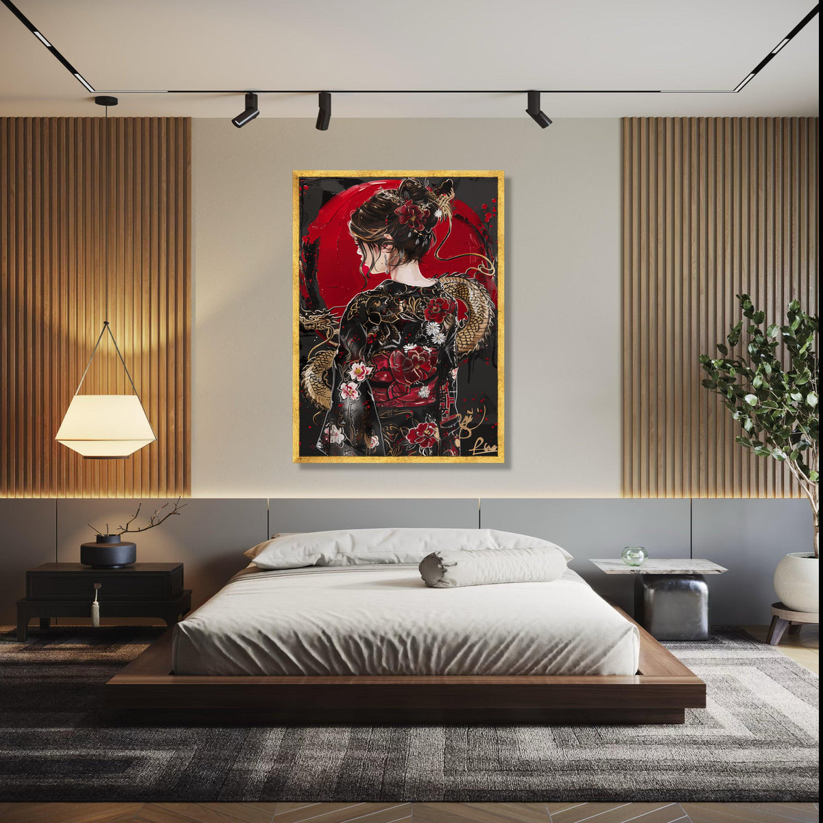 Elegant Geisha Portrait Canvas, Japanese Dragon and Floral Kimono Art, Red and Black Asian Wall Decor, Modern Gift Art, Home Decor, Print