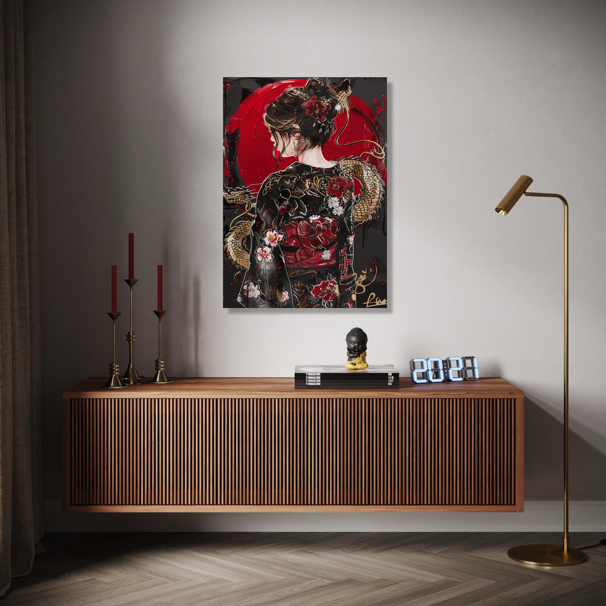 Elegant Geisha Portrait Canvas, Japanese Dragon and Floral Kimono Art, Red and Black Asian Wall Decor, Modern Gift Art, Home Decor, Print