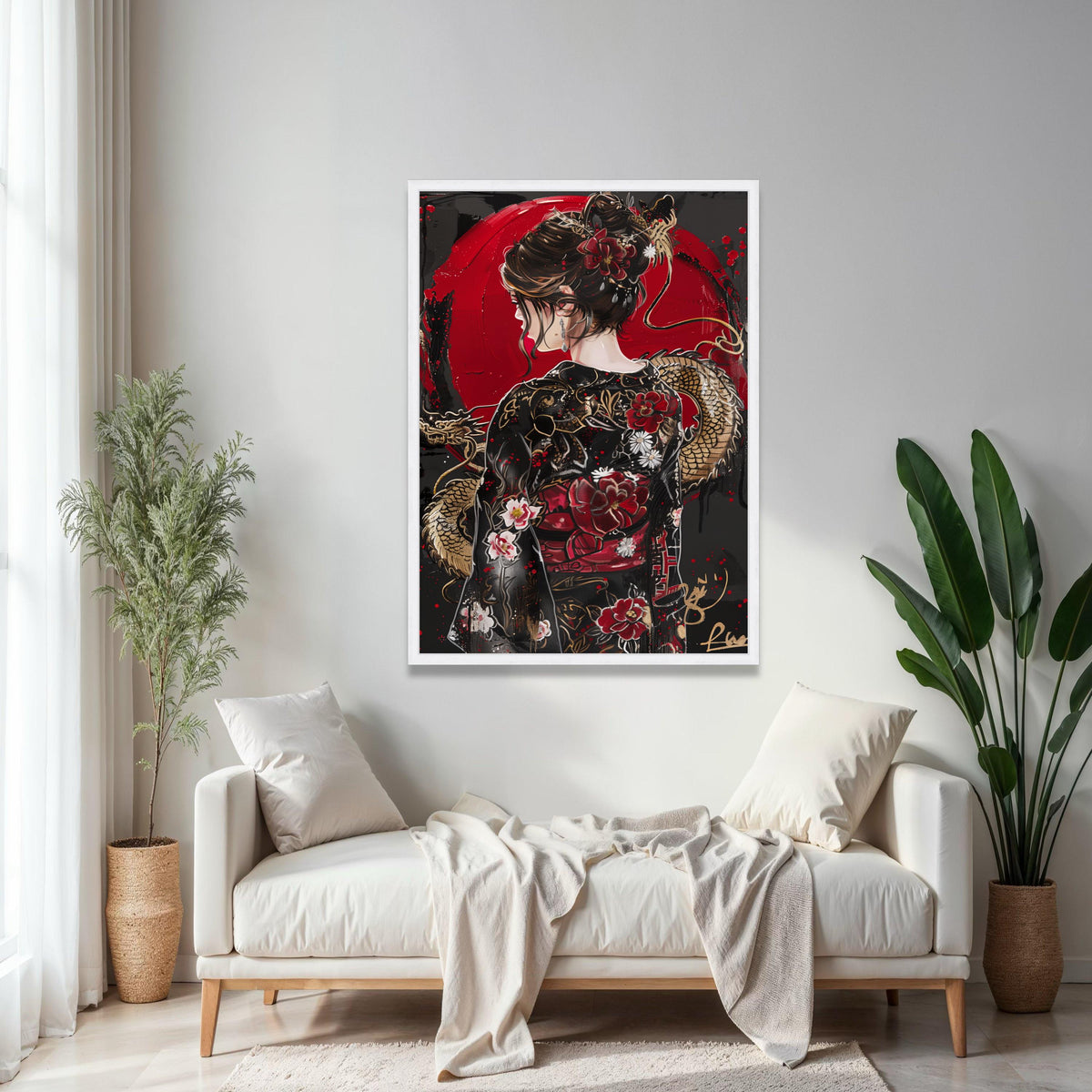 Elegant Geisha Portrait Canvas, Japanese Dragon and Floral Kimono Art, Red and Black Asian Wall Decor, Modern Gift Art, Home Decor, Print