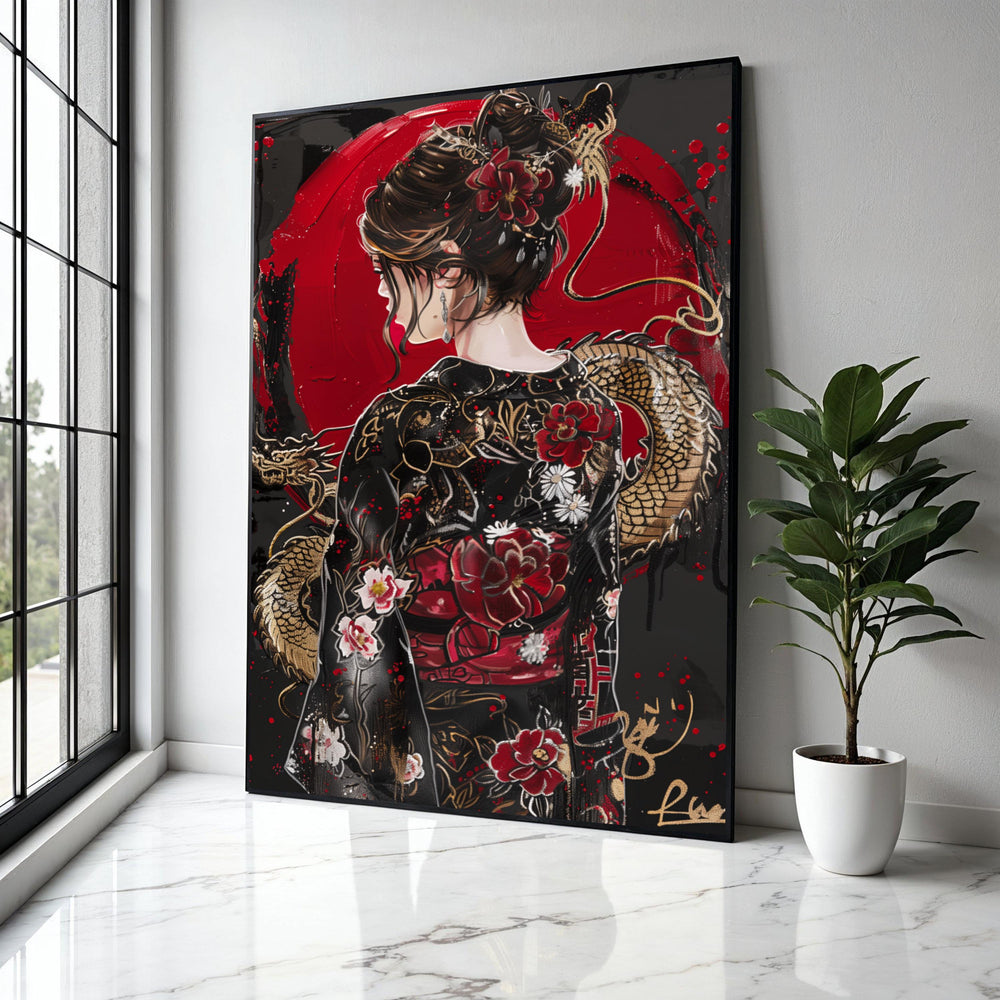 Elegant Geisha Portrait Canvas, Japanese Dragon and Floral Kimono Art, Red and Black Asian Wall Decor, Modern Gift Art, Home Decor, Print