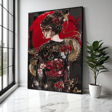 Elegant Geisha Portrait Canvas, Japanese Dragon and Floral Kimono Art, Red and Black Asian Wall Decor, Modern Gift Art, Home Decor, Print
