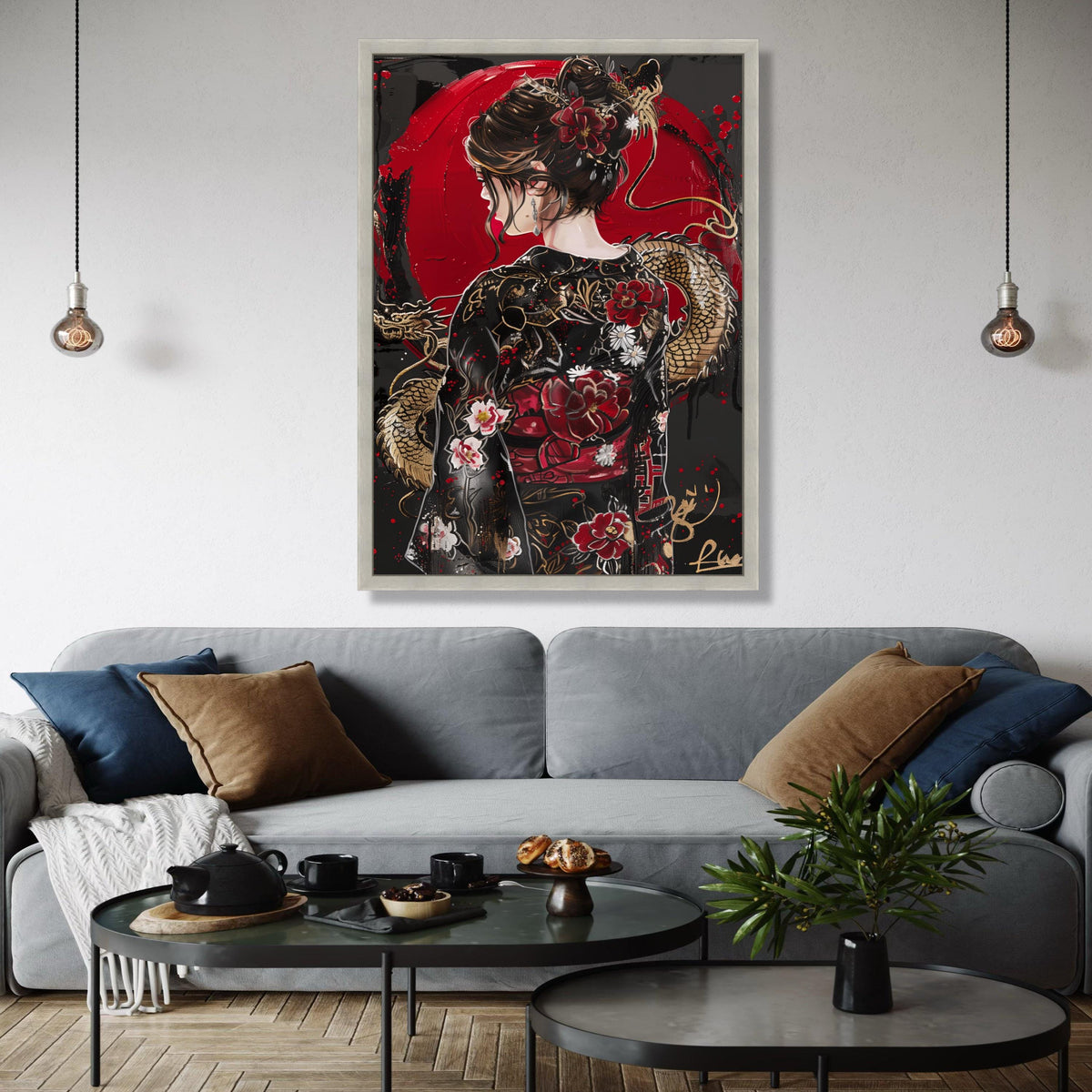 Elegant Geisha Portrait Canvas, Japanese Dragon and Floral Kimono Art, Red and Black Asian Wall Decor, Modern Gift Art, Home Decor, Print