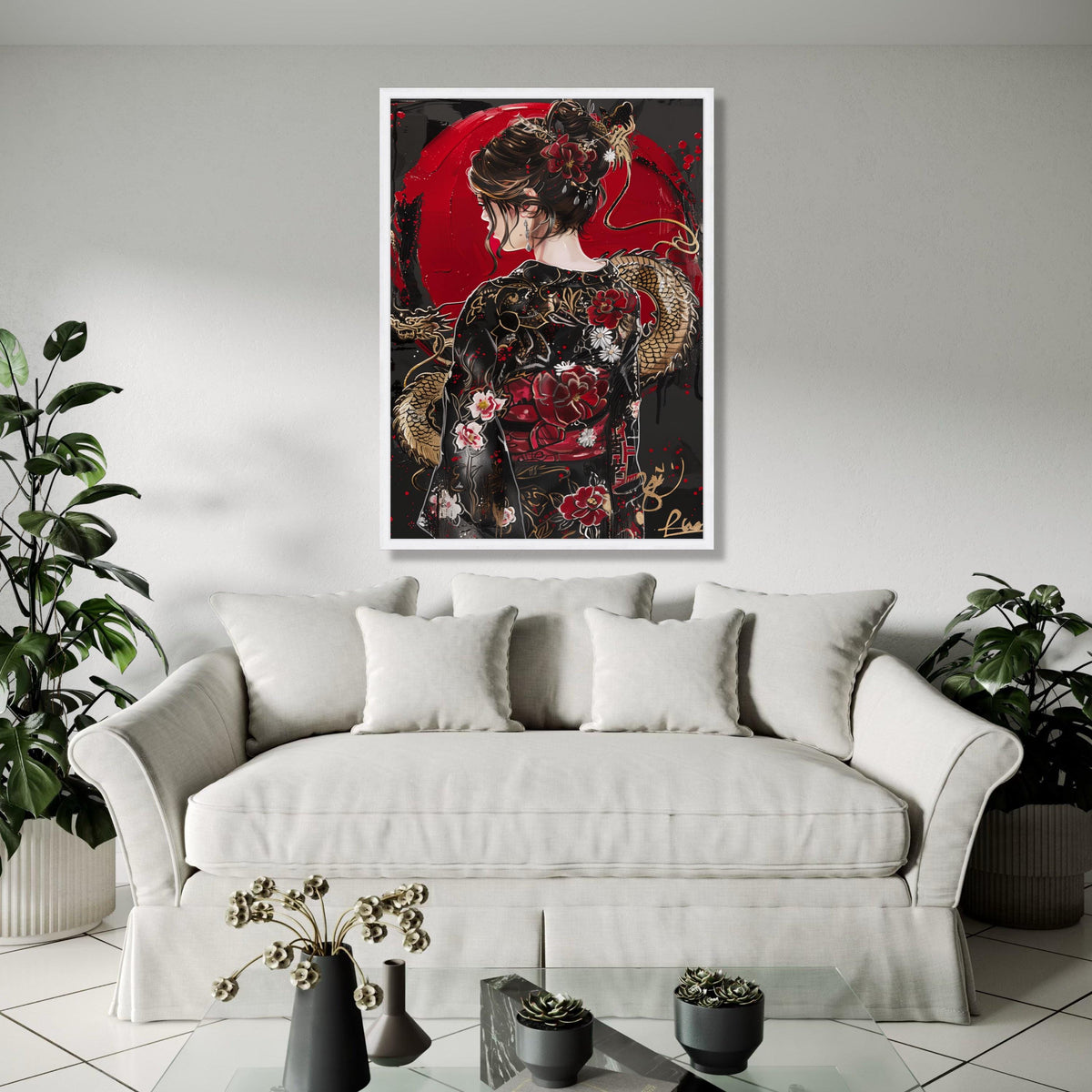 Elegant Geisha Portrait Canvas, Japanese Dragon and Floral Kimono Art, Red and Black Asian Wall Decor, Modern Gift Art, Home Decor, Print