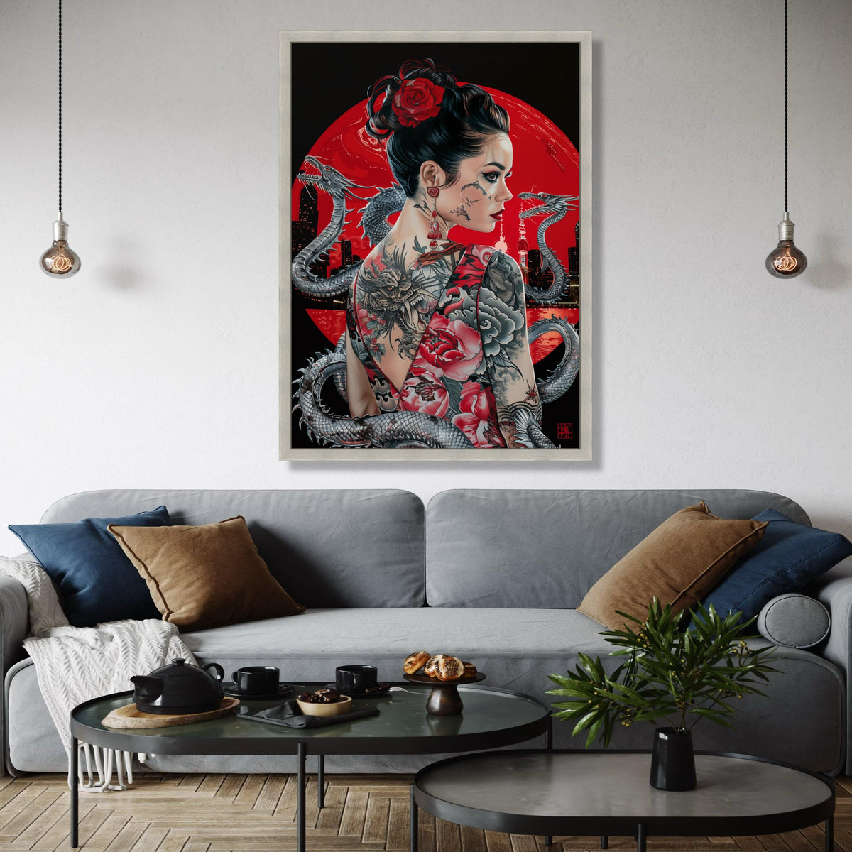Tattooed Woman with Dragon Artwork, Japanese Style Canvas Wall Art, Asian Inspired Portrait, Red Floral Tattoo Gift Art, Home Decor, Print