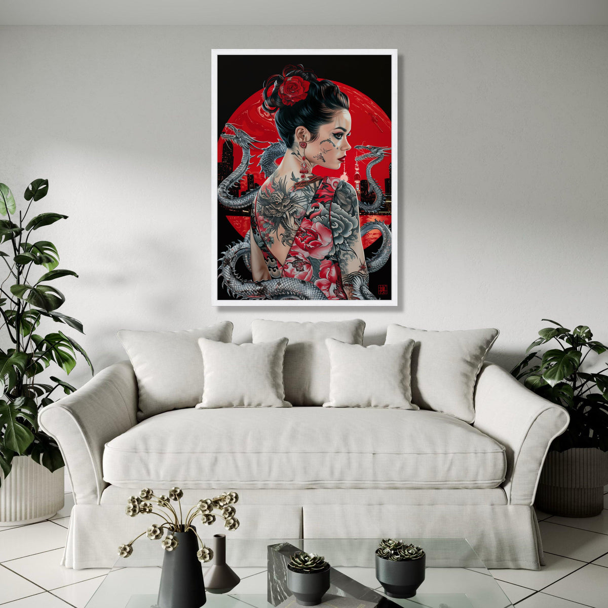 Tattooed Woman with Dragon Artwork, Japanese Style Canvas Wall Art, Asian Inspired Portrait, Red Floral Tattoo Gift Art, Home Decor, Print