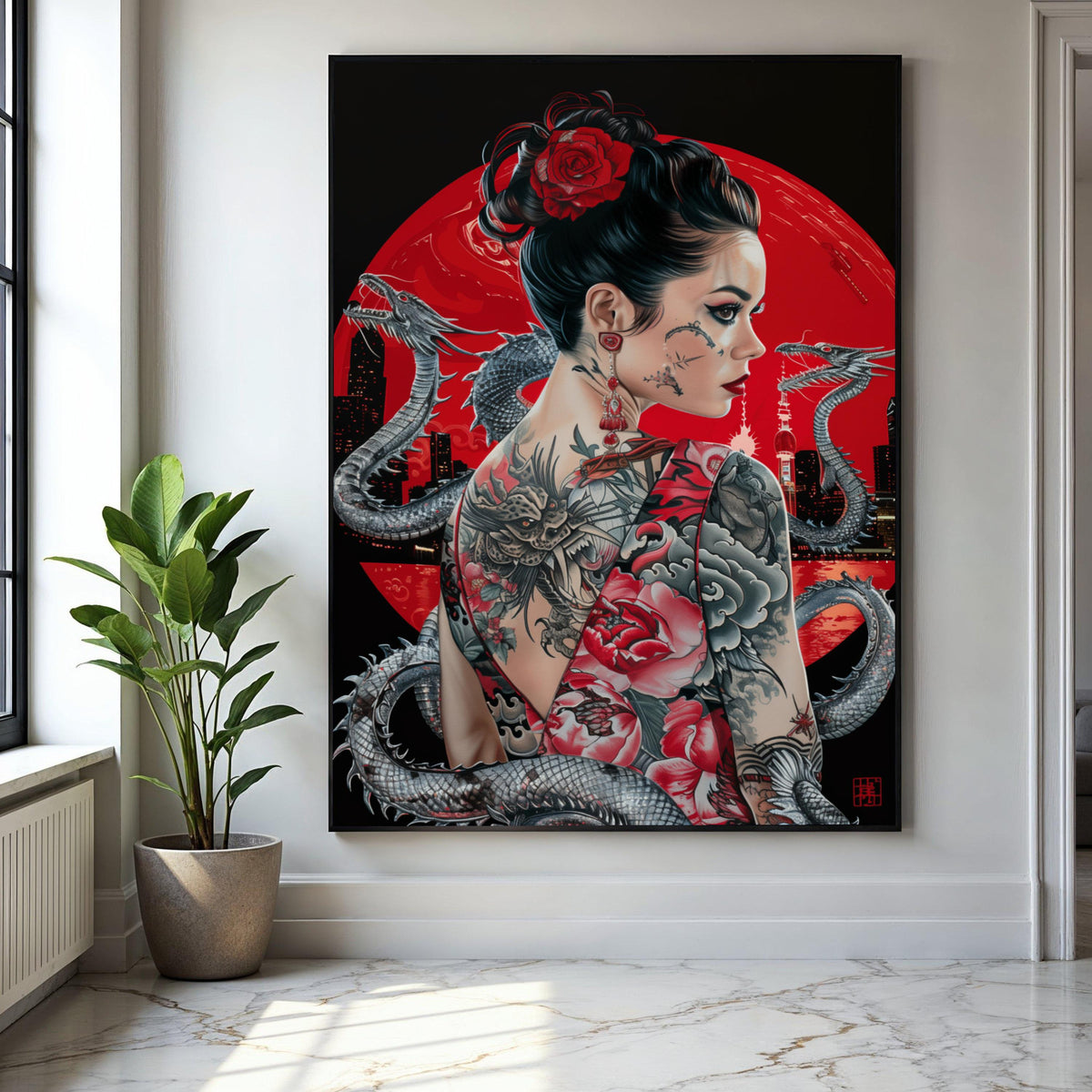 Tattooed Woman with Dragon Artwork, Japanese Style Canvas Wall Art, Asian Inspired Portrait, Red Floral Tattoo Gift Art, Home Decor, Print