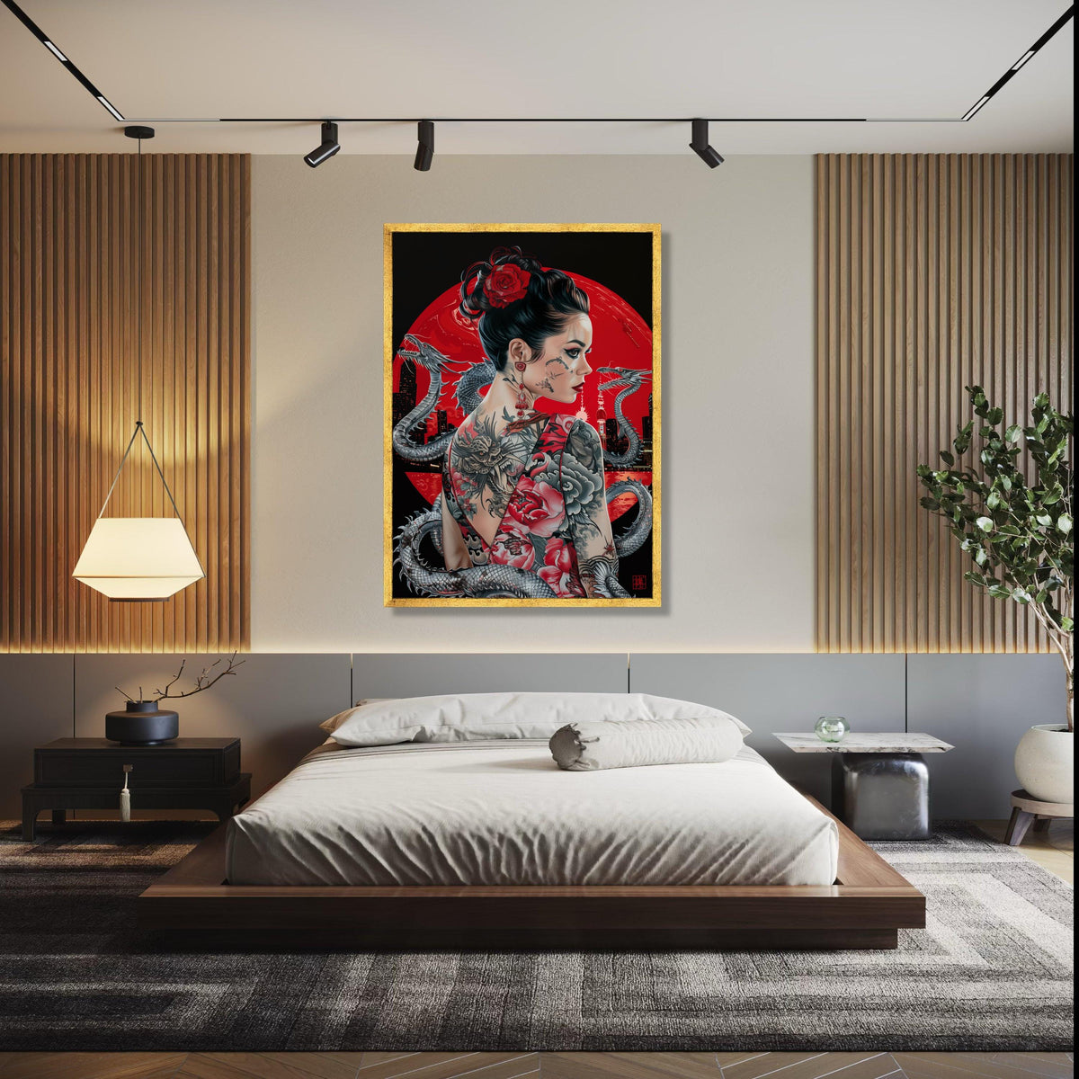 Tattooed Woman with Dragon Artwork, Japanese Style Canvas Wall Art, Asian Inspired Portrait, Red Floral Tattoo Gift Art, Home Decor, Print