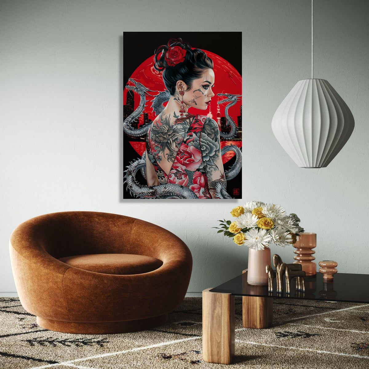 Tattooed Woman with Dragon Artwork, Japanese Style Canvas Wall Art, Asian Inspired Portrait, Red Floral Tattoo Gift Art, Home Decor, Print