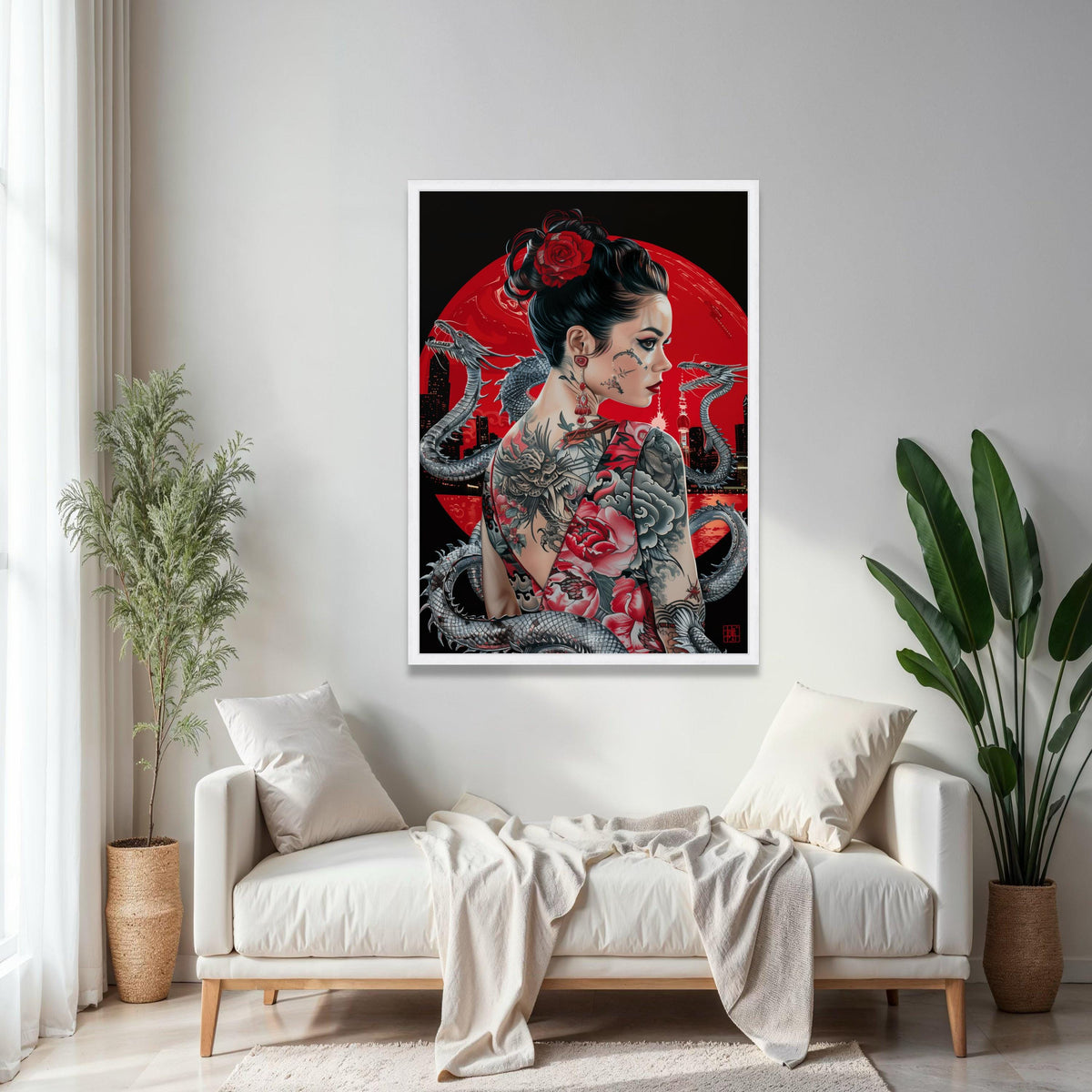 Tattooed Woman with Dragon Artwork, Japanese Style Canvas Wall Art, Asian Inspired Portrait, Red Floral Tattoo Gift Art, Home Decor, Print