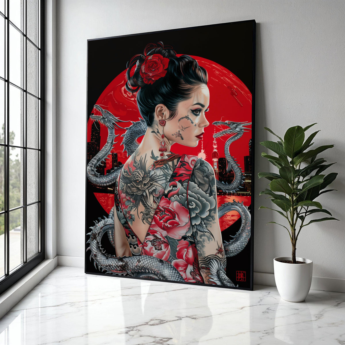 Tattooed Woman with Dragon Artwork, Japanese Style Canvas Wall Art, Asian Inspired Portrait, Red Floral Tattoo Gift Art, Home Decor, Print