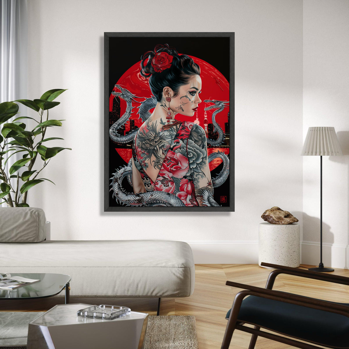 Tattooed Woman with Dragon Artwork, Japanese Style Canvas Wall Art, Asian Inspired Portrait, Red Floral Tattoo Gift Art, Home Decor, Print