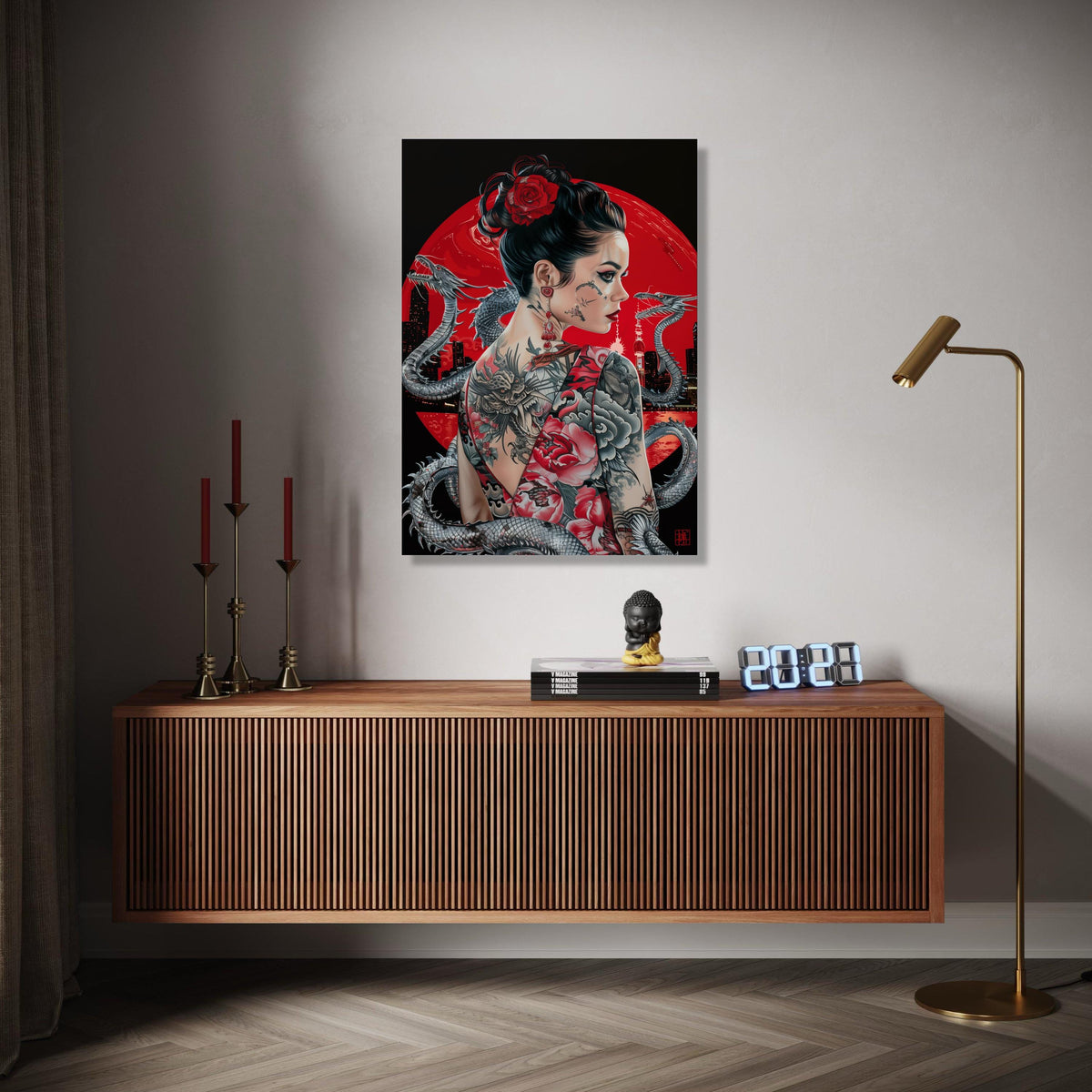 Tattooed Woman with Dragon Artwork, Japanese Style Canvas Wall Art, Asian Inspired Portrait, Red Floral Tattoo Gift Art, Home Decor, Print