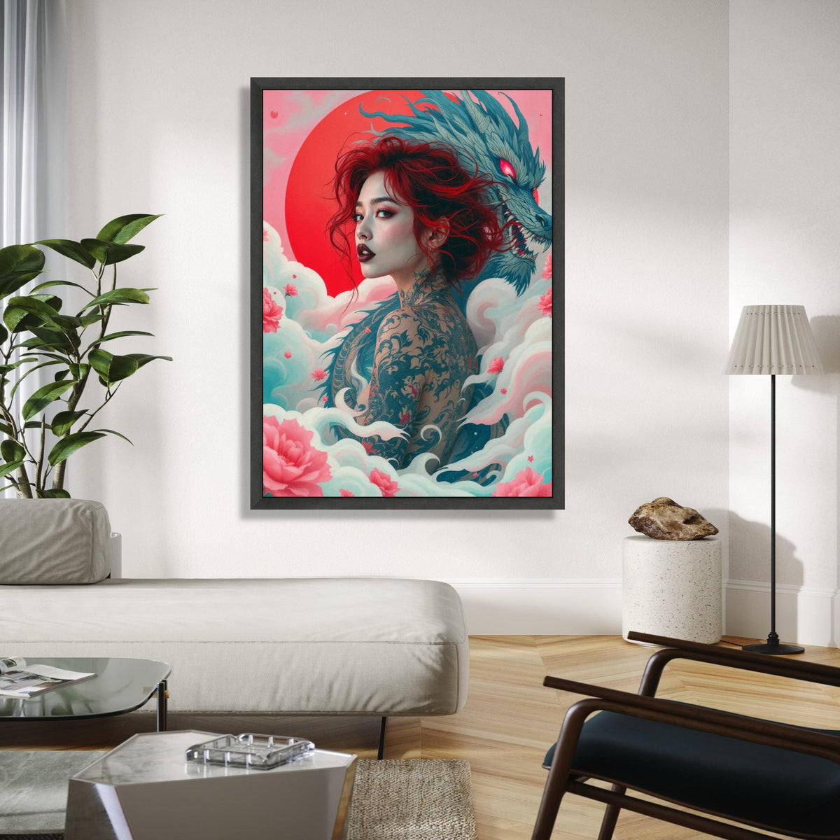 Mystic Red-Haired Woman with Dragon Tattoo Canvas, Japanese Dragon Art, Floral Cloud Wall Decor, Asian Fantasy Gift Art, Home Decor, Print
