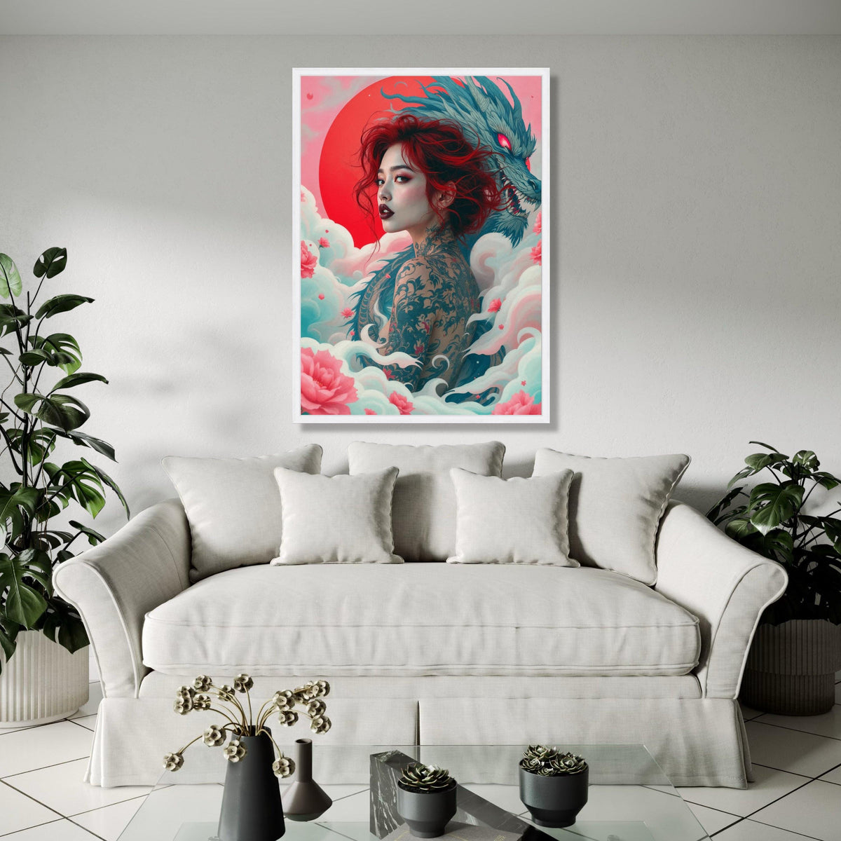 Mystic Red-Haired Woman with Dragon Tattoo Canvas, Japanese Dragon Art, Floral Cloud Wall Decor, Asian Fantasy Gift Art, Home Decor, Print