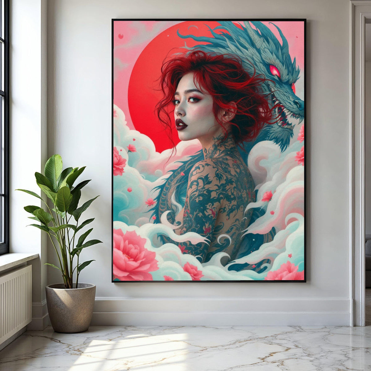 Mystic Red-Haired Woman with Dragon Tattoo Canvas, Japanese Dragon Art, Floral Cloud Wall Decor, Asian Fantasy Gift Art, Home Decor, Print