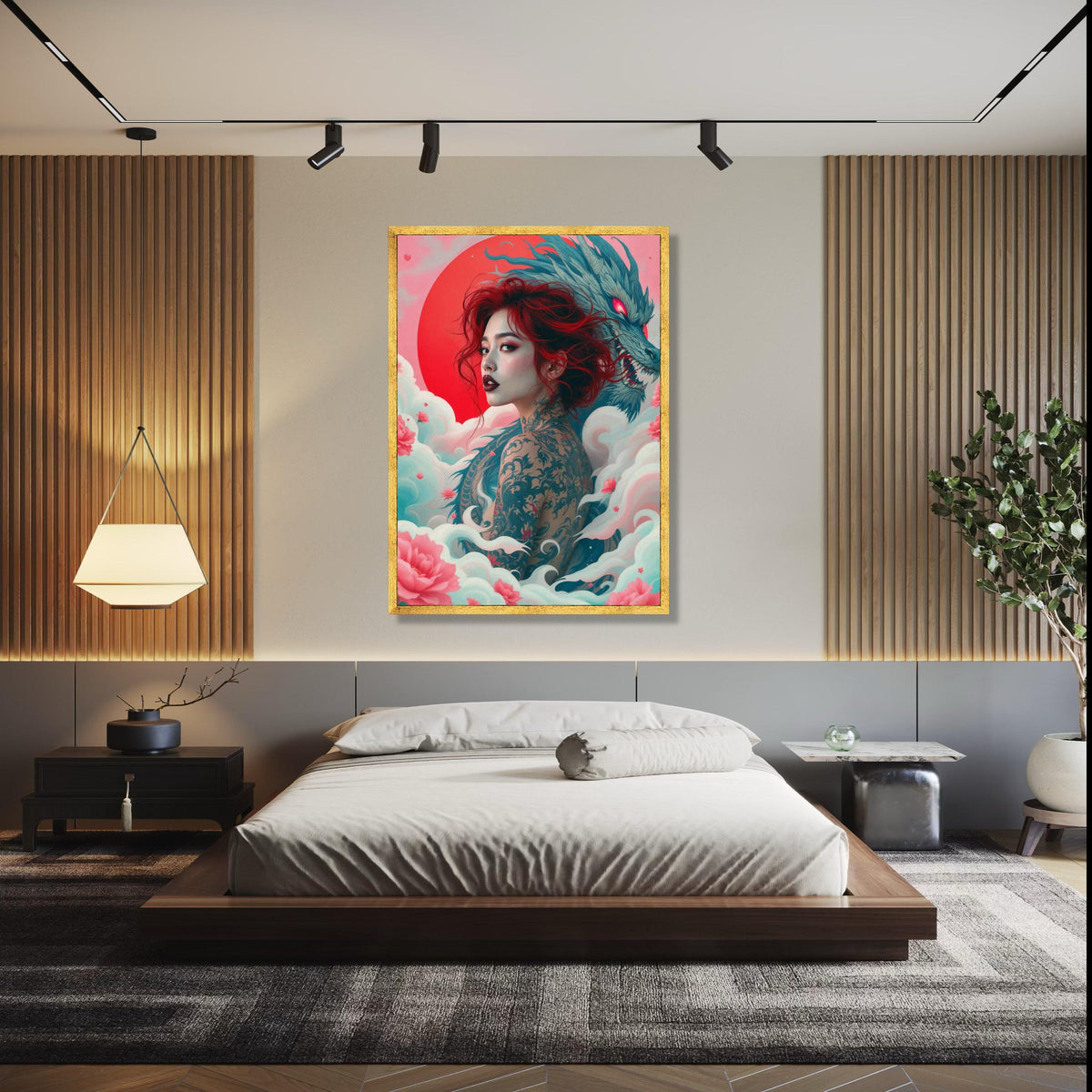 Mystic Red-Haired Woman with Dragon Tattoo Canvas, Japanese Dragon Art, Floral Cloud Wall Decor, Asian Fantasy Gift Art, Home Decor, Print