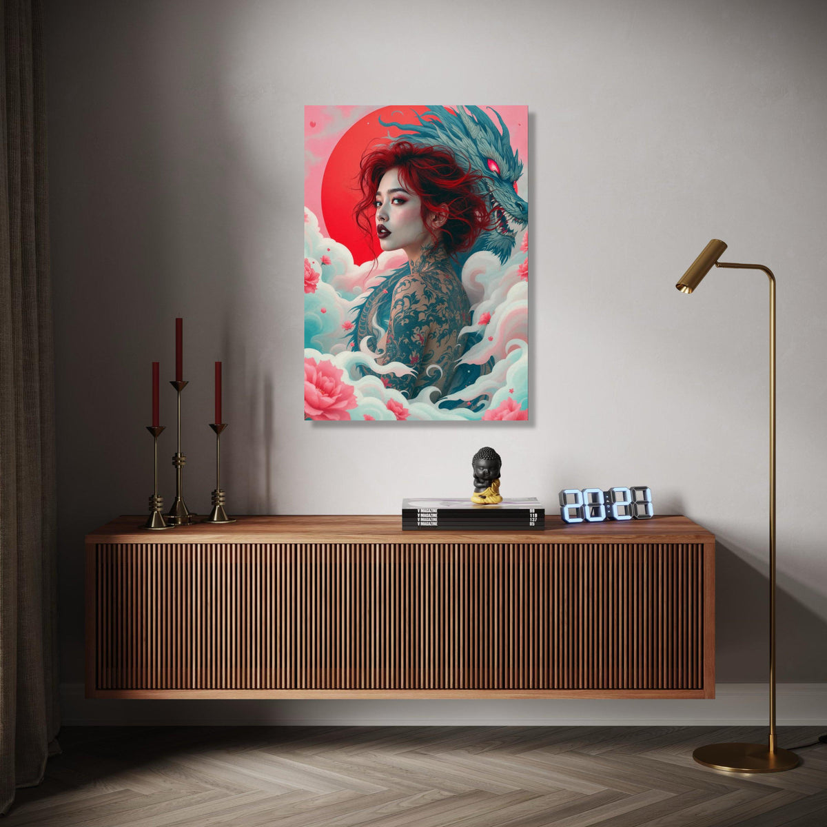 Mystic Red-Haired Woman with Dragon Tattoo Canvas, Japanese Dragon Art, Floral Cloud Wall Decor, Asian Fantasy Gift Art, Home Decor, Print