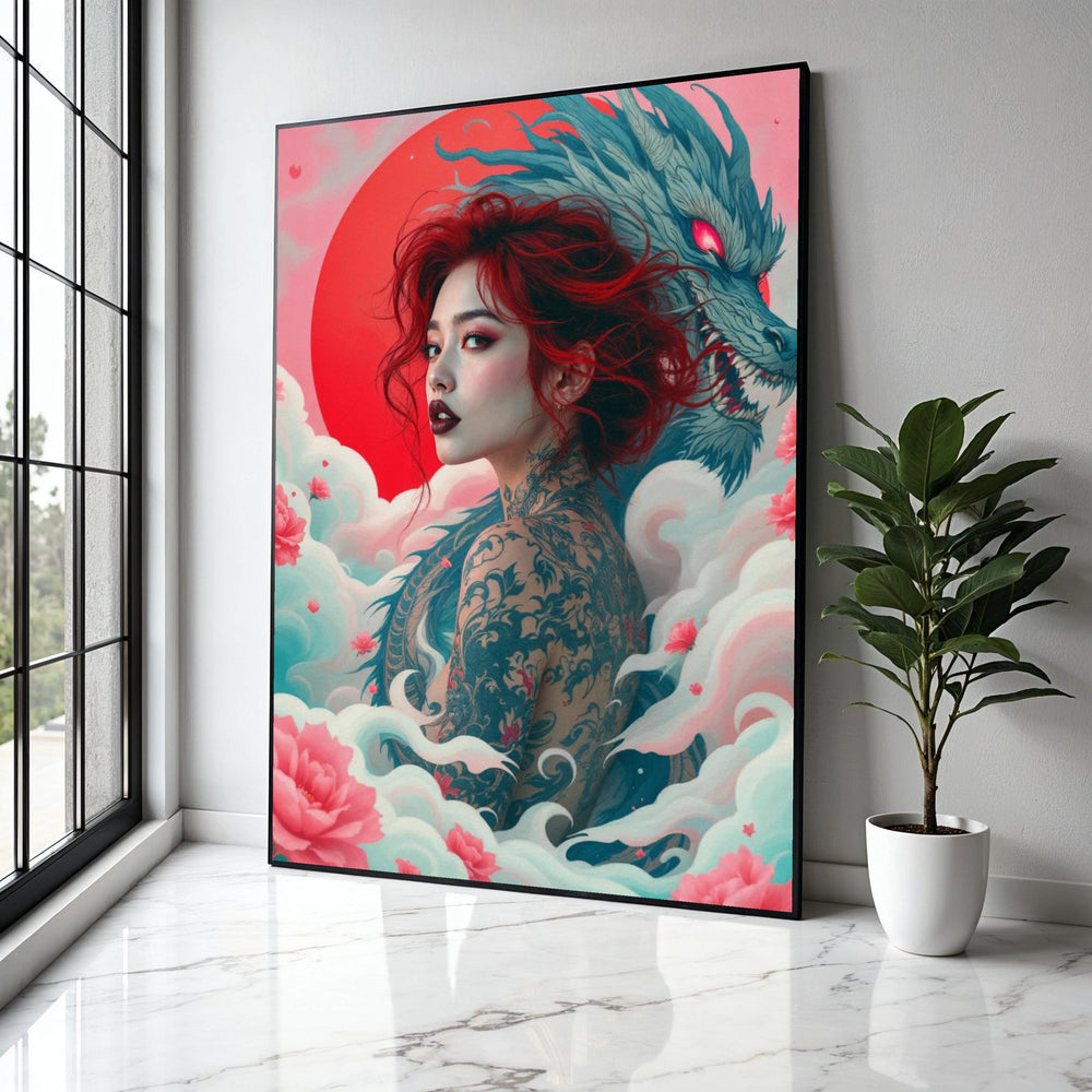Mystic Red-Haired Woman with Dragon Tattoo Canvas, Japanese Dragon Art, Floral Cloud Wall Decor, Asian Fantasy Gift Art, Home Decor, Print
