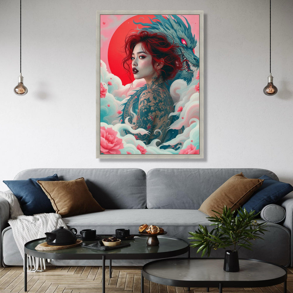 Mystic Red-Haired Woman with Dragon Tattoo Canvas, Japanese Dragon Art, Floral Cloud Wall Decor, Asian Fantasy Gift Art, Home Decor, Print
