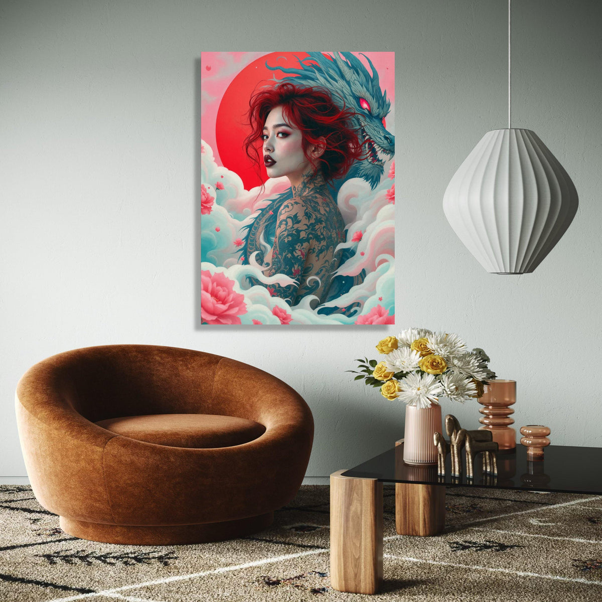 Mystic Red-Haired Woman with Dragon Tattoo Canvas, Japanese Dragon Art, Floral Cloud Wall Decor, Asian Fantasy Gift Art, Home Decor, Print