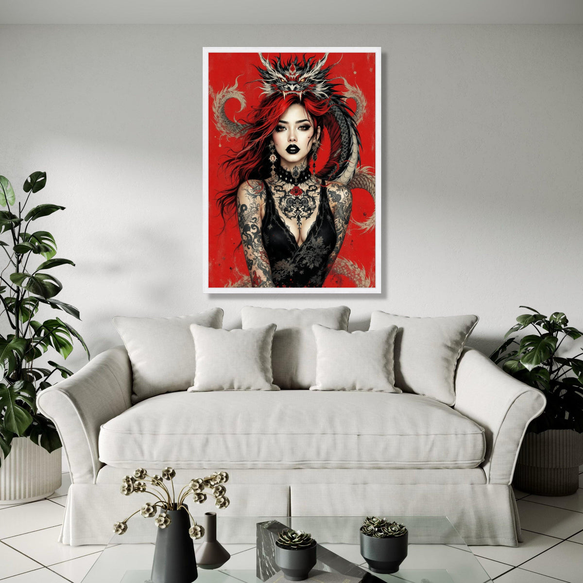 Fierce Red-Haired Woman with Dragon, Gothic Tattoo Art Canvas, Dark Glamour Wall Decor, Fantasy Portrait Canvas, Gift Art, Home Decor, Print