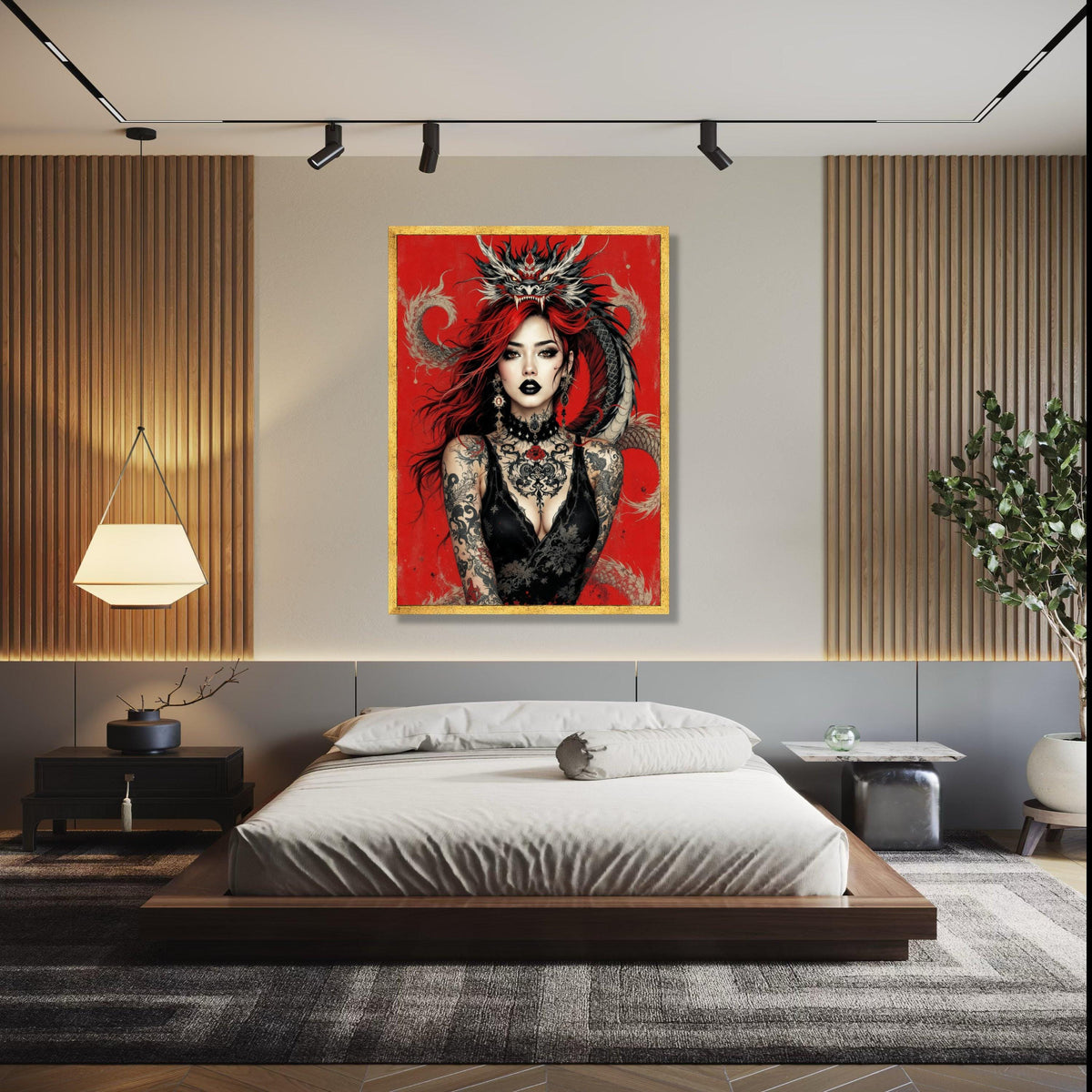 Fierce Red-Haired Woman with Dragon, Gothic Tattoo Art Canvas, Dark Glamour Wall Decor, Fantasy Portrait Canvas, Gift Art, Home Decor, Print