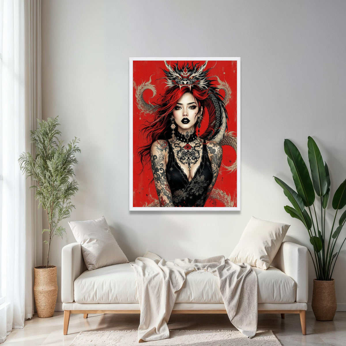 Fierce Red-Haired Woman with Dragon, Gothic Tattoo Art Canvas, Dark Glamour Wall Decor, Fantasy Portrait Canvas, Gift Art, Home Decor, Print