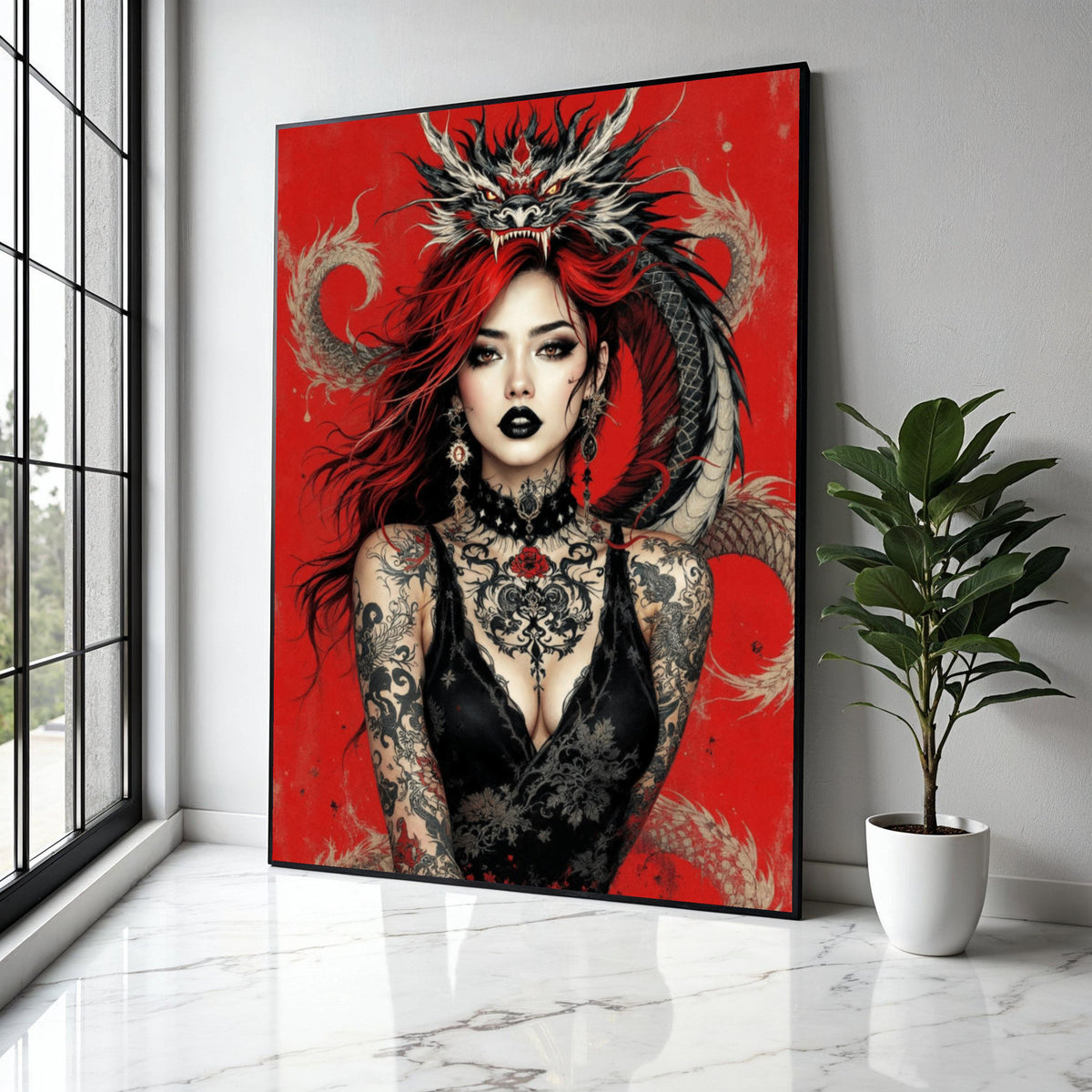Fierce Red-Haired Woman with Dragon, Gothic Tattoo Art Canvas, Dark Glamour Wall Decor, Fantasy Portrait Canvas, Gift Art, Home Decor, Print