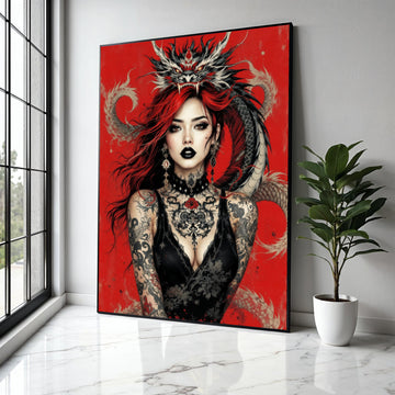 Fierce Red-Haired Woman with Dragon, Gothic Tattoo Art Canvas, Dark Glamour Wall Decor, Fantasy Portrait Canvas, Gift Art, Home Decor, Print
