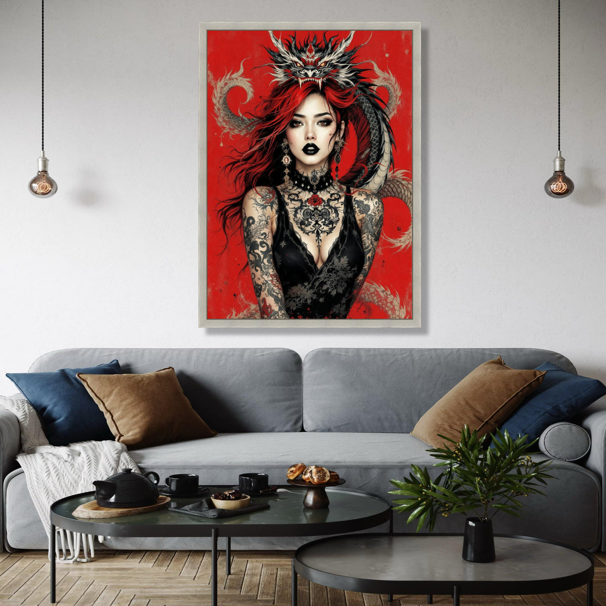 Fierce Red-Haired Woman with Dragon, Gothic Tattoo Art Canvas, Dark Glamour Wall Decor, Fantasy Portrait Canvas, Gift Art, Home Decor, Print