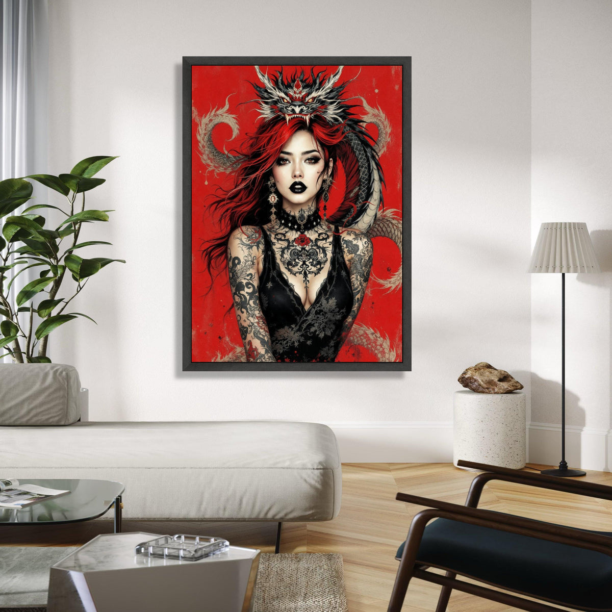 Fierce Red-Haired Woman with Dragon, Gothic Tattoo Art Canvas, Dark Glamour Wall Decor, Fantasy Portrait Canvas, Gift Art, Home Decor, Print