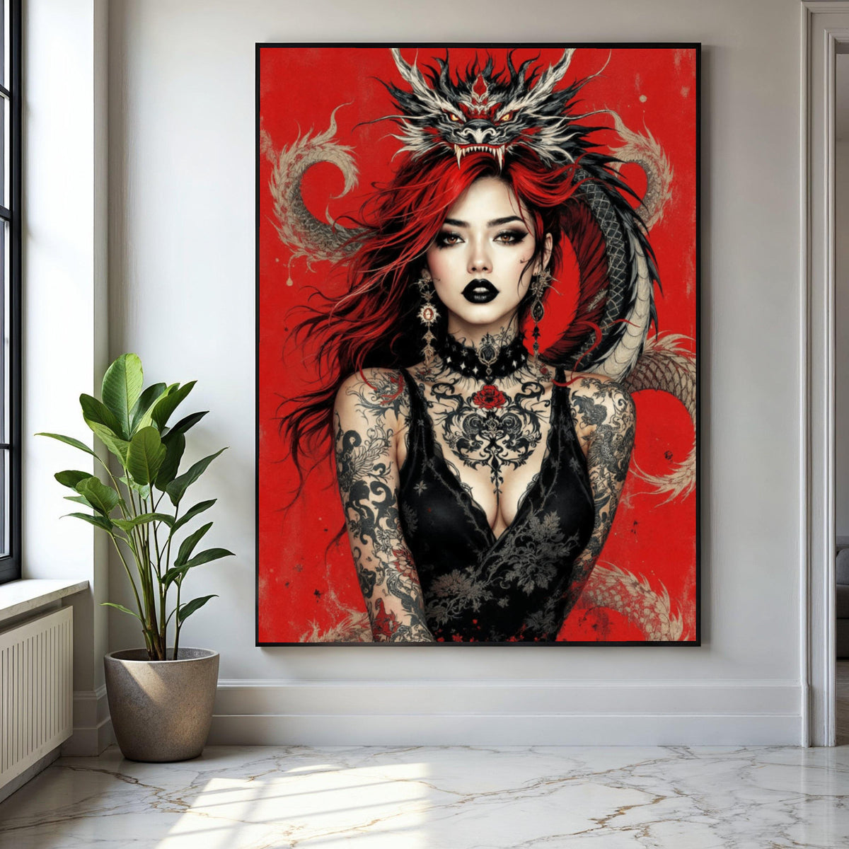 Fierce Red-Haired Woman with Dragon, Gothic Tattoo Art Canvas, Dark Glamour Wall Decor, Fantasy Portrait Canvas, Gift Art, Home Decor, Print