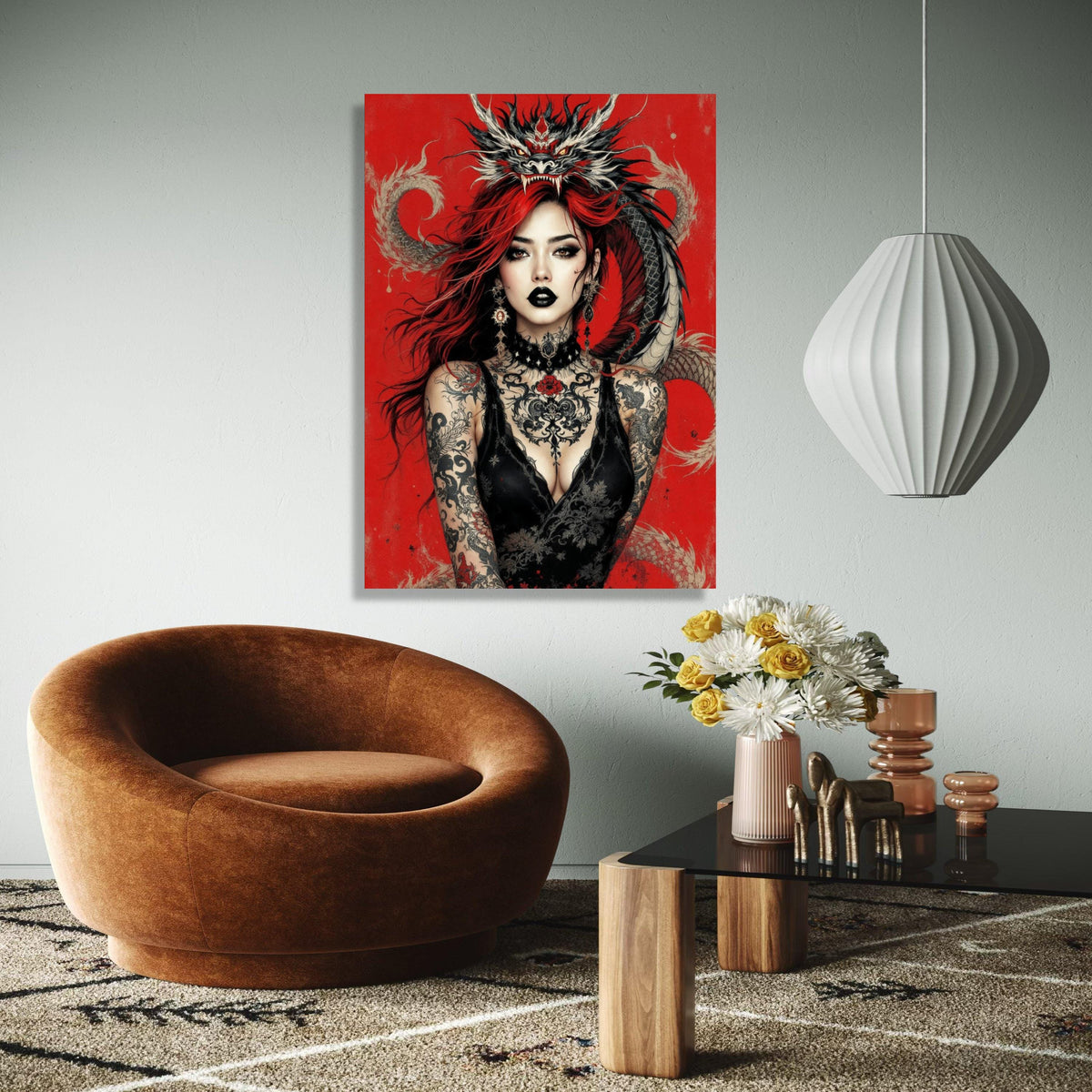 Fierce Red-Haired Woman with Dragon, Gothic Tattoo Art Canvas, Dark Glamour Wall Decor, Fantasy Portrait Canvas, Gift Art, Home Decor, Print