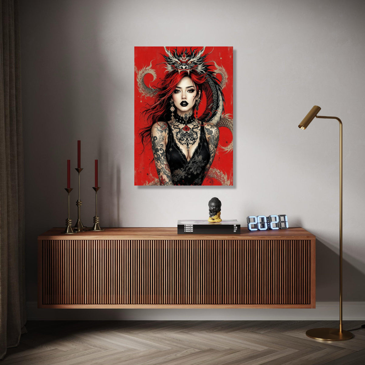 Fierce Red-Haired Woman with Dragon, Gothic Tattoo Art Canvas, Dark Glamour Wall Decor, Fantasy Portrait Canvas, Gift Art, Home Decor, Print