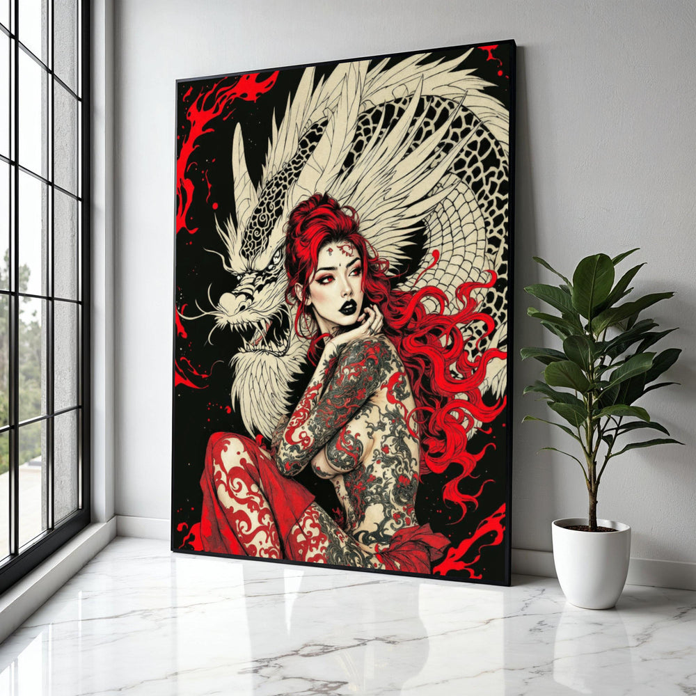 Fierce Dragon Tattoo Woman Canvas, Red Hair Fantasy Art, Mythical Creature Wall Art, Asian-Inspired Canvas, Bold Gift Art, Home Decor, Print