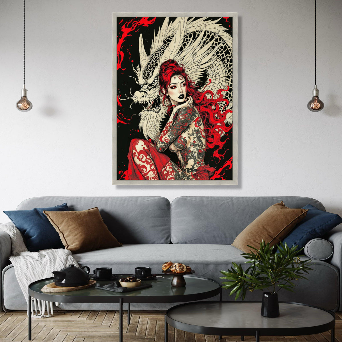 Fierce Dragon Tattoo Woman Canvas, Red Hair Fantasy Art, Mythical Creature Wall Art, Asian-Inspired Canvas, Bold Gift Art, Home Decor, Print