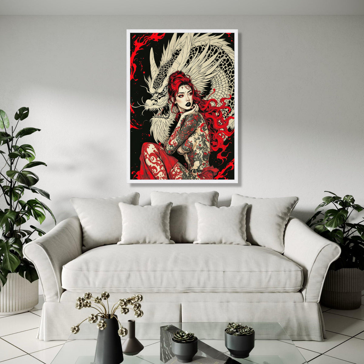 Fierce Dragon Tattoo Woman Canvas, Red Hair Fantasy Art, Mythical Creature Wall Art, Asian-Inspired Canvas, Bold Gift Art, Home Decor, Print