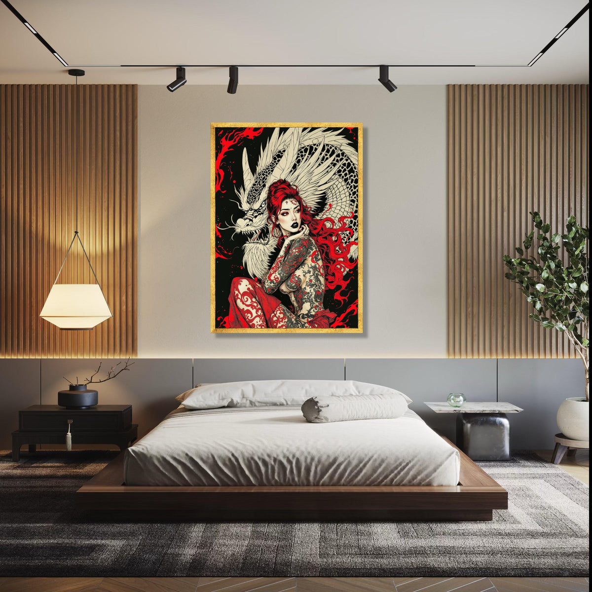 Fierce Dragon Tattoo Woman Canvas, Red Hair Fantasy Art, Mythical Creature Wall Art, Asian-Inspired Canvas, Bold Gift Art, Home Decor, Print